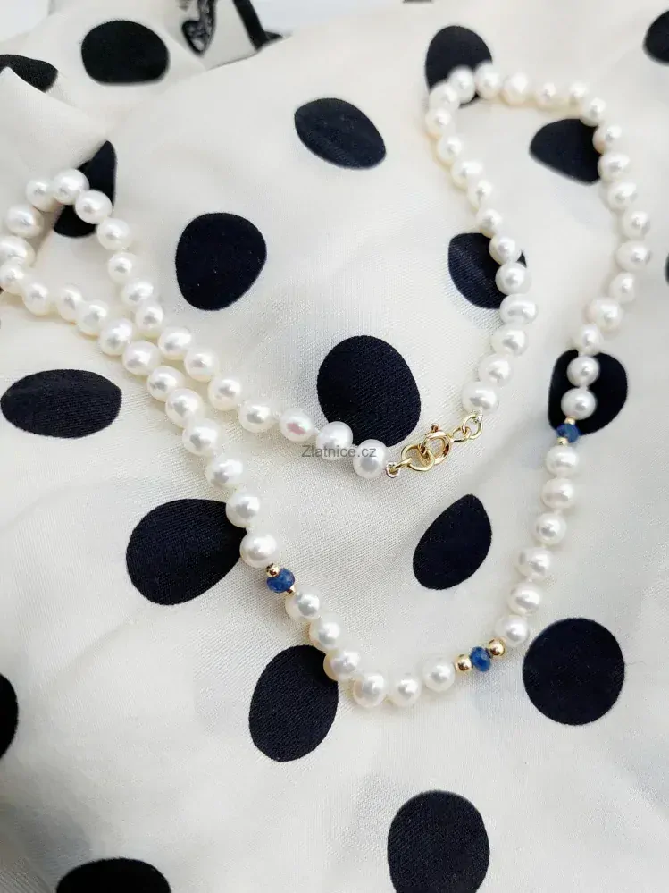 "DI" perlový náhrdelník se safíry 14Kt žluté zlato