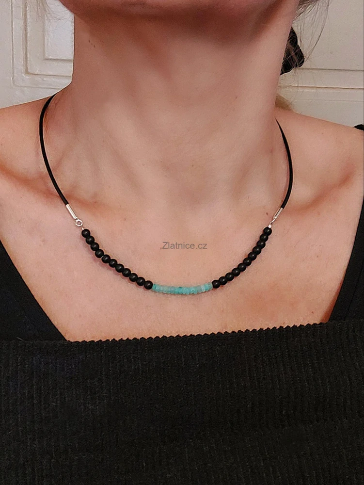 "BASE"Náhrdelník mozambický amazonit, onyx, kůže, Ag