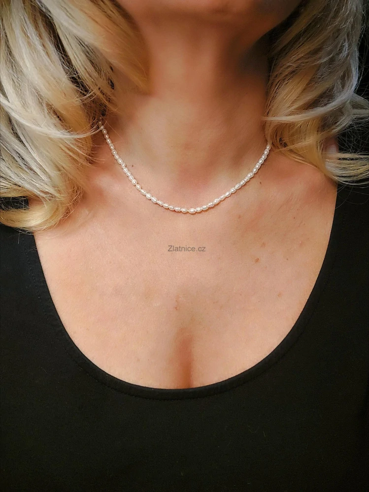 Rýžové bílé perly - náhrdelník, žluté zlato 14Kt