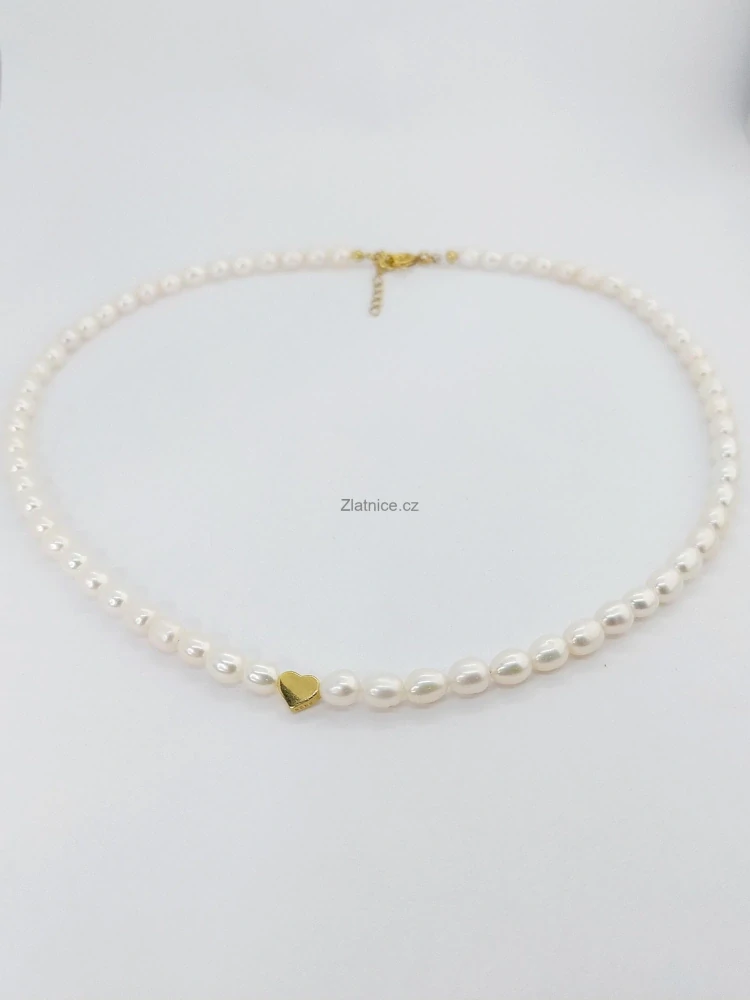 Perlový náhrdelník srdíčko stříbro zlacené 14K