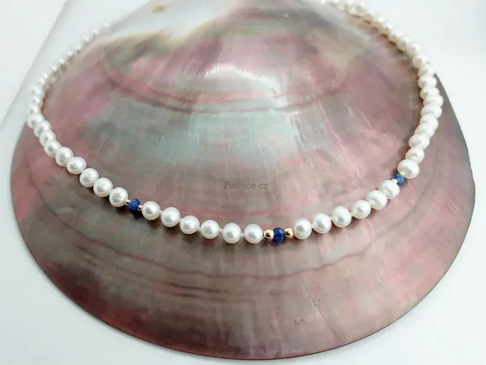 "DI" perlový náhrdelník se safíry 14Kt žluté zlato