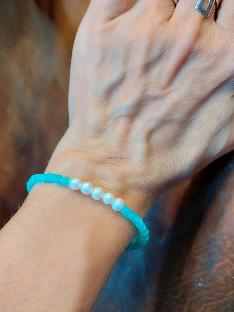 "BRIA"Náramek pravý mozambický Amazonit, perly, Ag
