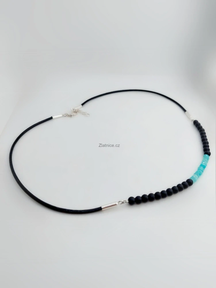 "BASE"Náhrdelník mozambický amazonit, onyx, kůže, Ag