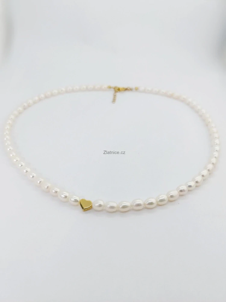 Perlový náhrdelník srdíčko stříbro zlacené 14K