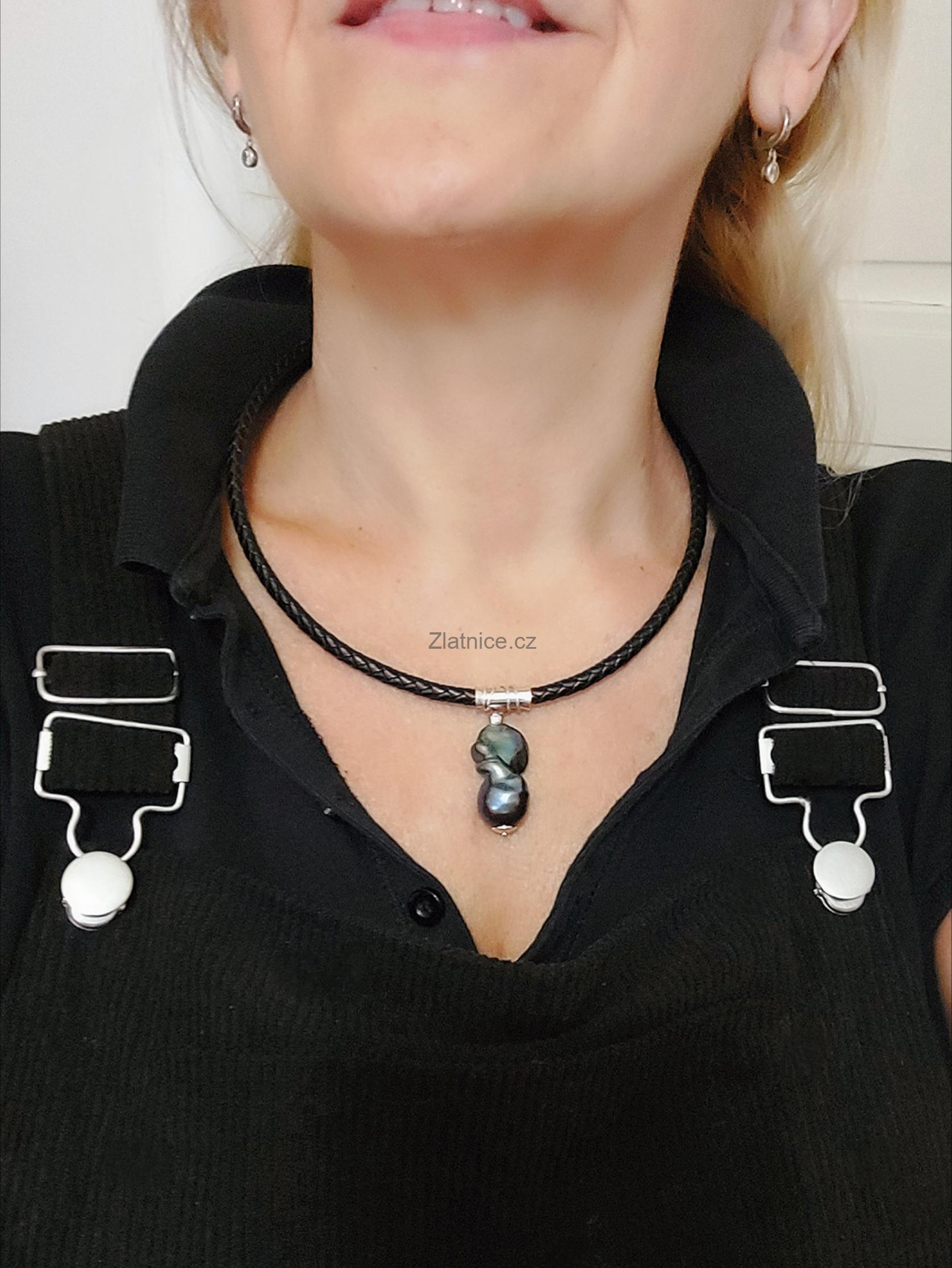 "BIG" kožený náhrdelník s mořskou 3cm perlou, Ag