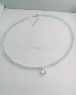AQUA" Náhrdelník s akvamarínem a barokní perlou, stříbro 